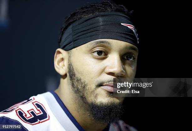 Patrick Chung of the New England Patriots speaks to the press during the New England Patriots Media Availability for Super Bowl LII at the Mall of...