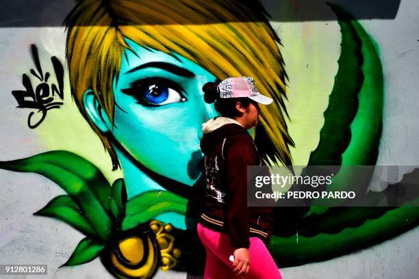 Woman walks past a graffiti in Tenancingo, Tlaxcala state, Mexico, on January 19, 2018. The most powerful pimps of Mexico have virtually built walls...