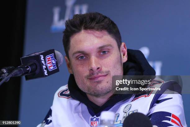 New England Patriots wide receiver Chris Hogan answers questions during the New England Patriots Press Conference wearing a glove on his right hand...