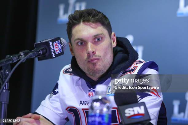 New England Patriots wide receiver Chris Hogan answers questions during the New England Patriots Press Conference wearing a glove on his right hand...