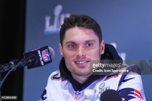 New England Patriots wide receiver Chris Hogan answers questions during the New England Patriots Press Conference wearing a glove on his right hand...