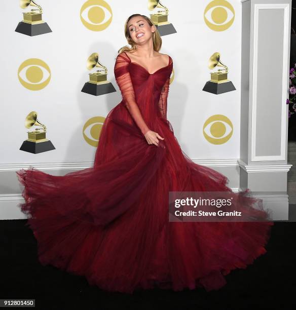 Miley Cyrus poses at the 60th Annual GRAMMY Awards at Madison Square Garden on January 28, 2018 in New York City.