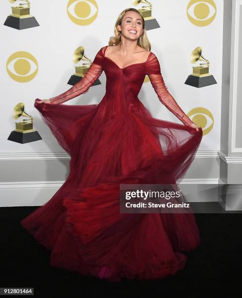 Miley Cyrus poses at the 60th Annual GRAMMY Awards at Madison Square Garden on January 28, 2018 in New York City.