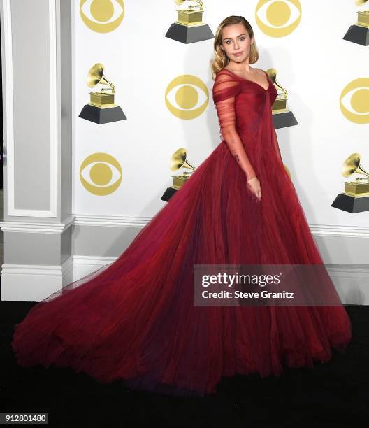 Miley Cyrus poses at the 60th Annual GRAMMY Awards at Madison Square Garden on January 28, 2018 in New York City.