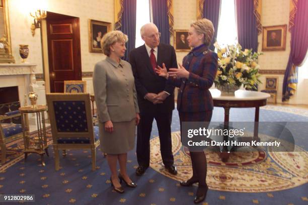 Lynne Cheney, Vice President elect Dick Cheney and First Lady Hillary Clinton talk at the White House before the swearing-in ceremony fo the new...