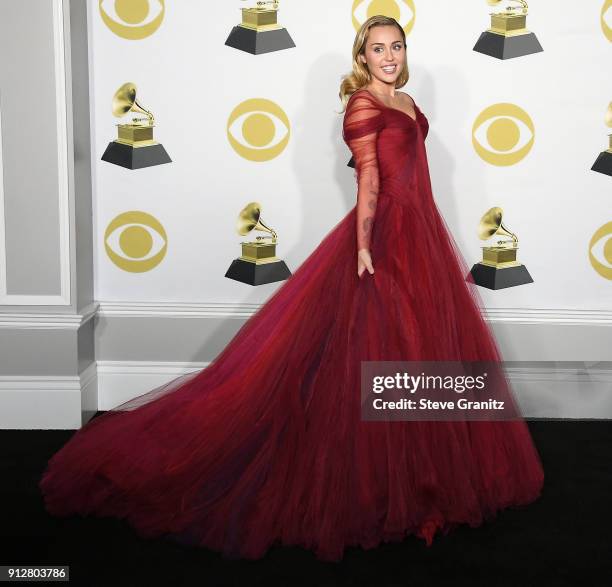 Miley Cyrus poses at the 60th Annual GRAMMY Awards at Madison Square Garden on January 28, 2018 in New York City.