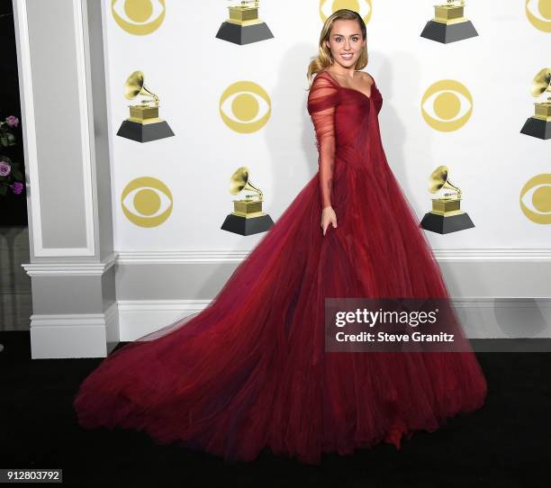 Miley Cyrus poses at the 60th Annual GRAMMY Awards at Madison Square Garden on January 28, 2018 in New York City.