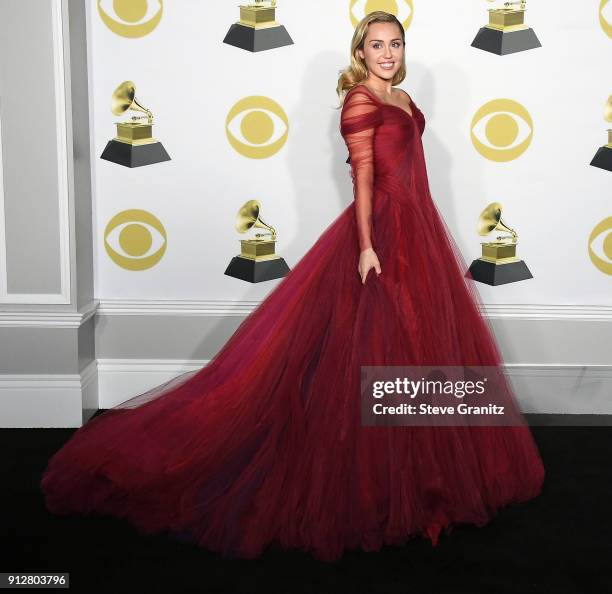 Miley Cyrus poses at the 60th Annual GRAMMY Awards at Madison Square Garden on January 28, 2018 in New York City.