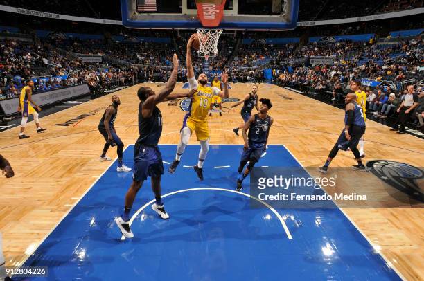 Tyler Ennis of the Los Angeles Lakers shoots the ball against the Orlando Magic on January 31, 2018 at Amway Center in Orlando, Florida. NOTE TO...