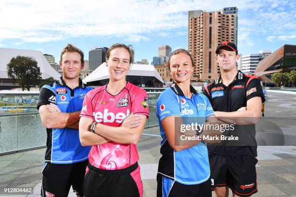 Adelaide Strikers BBL captian Colin Ingram, WBBL Sydney Sixers captain Ellyse Perry, WBBL Adelaide Strikers captain Suzie Bates and BBL Melbourne...