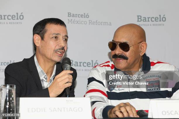 Eddie Santiago and Oscar D'Leon attend a press conference to promote the Primer Festival Latinoamericano De La Salsa at Barcelo hotel on January 31,...