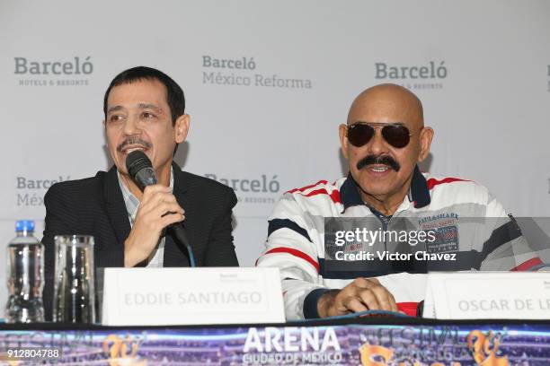 Eddie Santiago and Oscar D'Leon attend a press conference to promote the Primer Festival Latinoamericano De La Salsa at Barcelo hotel on January 31,...