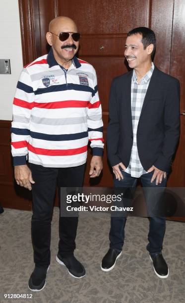 Oscar D'Leon and Eddie Santiago attend a press conference to promote the Primer Festival Latinoamericano De La Salsa at Barcelo hotel on January 31,...