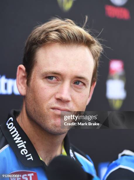 Adelaide Stikers captain Colin Ingram speaks to media during the Big Bash League Semi Final media opportunity at Adelaide Oval on February 1, 2018 in...
