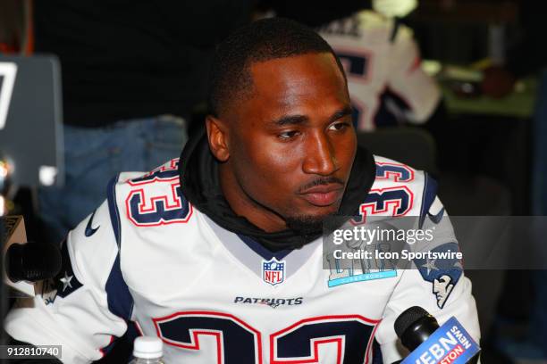 New England Patriots running back Dion Lewis answers questions during the New England Patriots Patriots Press Conference on January 31 at the Mall of...