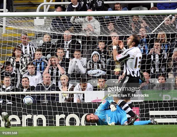 Steven Harper is left grounded after the opening goal with a shot deflecting off Steven Taylor during the Coca-Cola Championship match between...