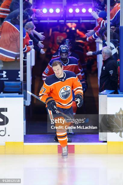 Oscar Klefbom of the Edmonton Oilers skates against the Calgary Flames at Rogers Place on January 25, 2018 in Edmonton, Canada.