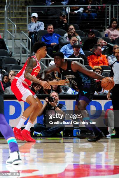 Johnny O'Bryant III of the Charlotte Hornets handles the ball during the game against the Atlanta Hawks on January 31, 2018 at Philips Arena in...