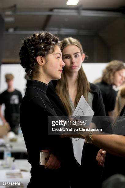 Models backstage during the Kopenhagen Fur's Imagine Talents 2018 fashion show at the Copenhagen Fashion Week Autumn/Winter 18 on January 31, 2018 in...