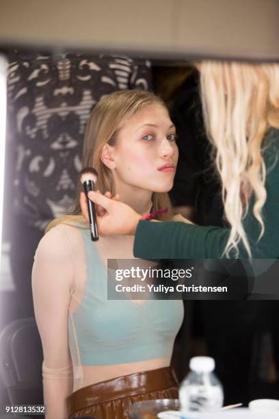 Models backstage during the Kopenhagen Fur's Imagine Talents 2018 fashion show at the Copenhagen Fashion Week Autumn/Winter 18 on January 31, 2018 in...