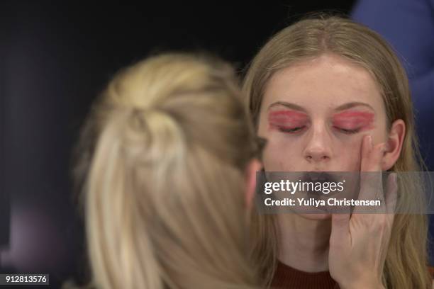 Models backstage during the Kopenhagen Fur's Imagine Talents 2018 fashion show at the Copenhagen Fashion Week Autumn/Winter 18 on January 31, 2018 in...