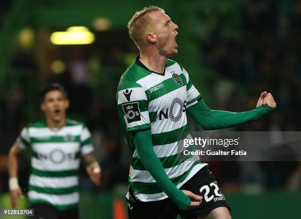 Sporting CP defender Jeremy Mathieu from France celebrates after scoring a goal during the Primeira Liga match between Sporting CP and Vitoria...