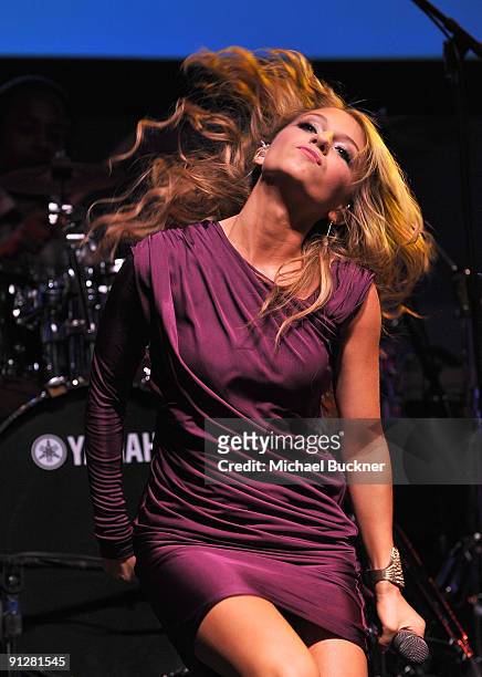 Singer Jordan Pruitt performs at the Neutrogena Fresh Faces Music Event for VH1 Save the Music at Jim Henson Studios on September 26, 2009 in...
