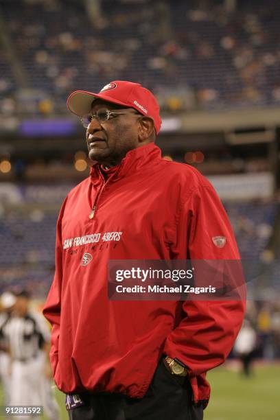 Offensive Coordinator Jimmy Raye of the San Francisco 49ers watches play action during the game against the Minnesota Vikings at Hubert H. Humphrey...