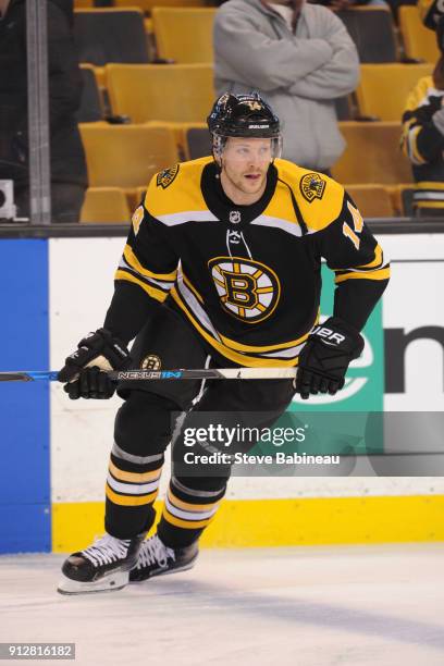 Paul Postma of the Boston Bruins warms up before the game against the Anaheim Ducks at the TD Garden on January 30, 2018 in Boston, Massachusetts.