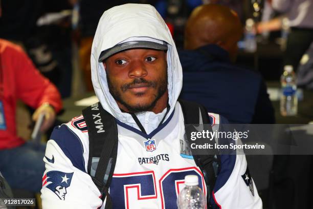 New England Patriots linebacker Nicholas Grigsby answers questions during the New England Patriots Patriots Press Conference on January 31 at the...