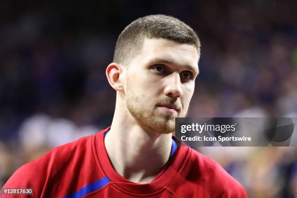 Kansas Jayhawks guard Sviatoslav Mykhailiuk before a Big 12 matchup between the Kansas Jayhawks and Kansas State Wildcats on January 29, 2018 at...