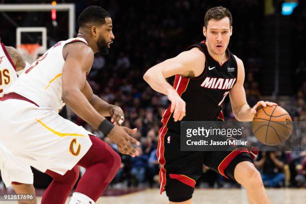 Tristan Thompson of the Cleveland Cavaliers guards Goran Dragic of the Miami Heat during the first half at Quicken Loans Arena on January 31, 2018 in...