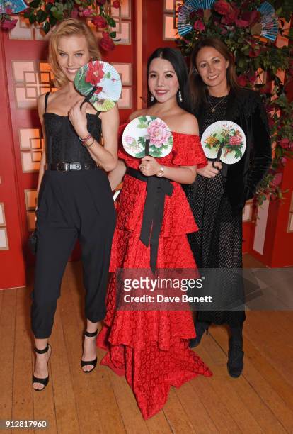 Eva Herzigova, Wendy Yu and Caroline Rush attend Wendy Yu's Chinese New Year Celebration at Kensington Palace on January 31, 2018 in London, United...