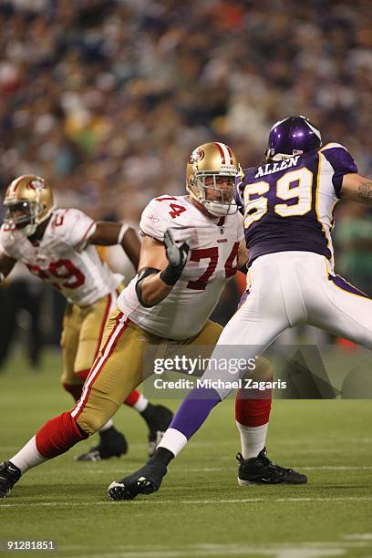 Joe Staley of the San Francisco 49ers blocks during the game against the Minnesota Vikings at Hubert H. Humphrey Metrodome on September 27, 2009 in...