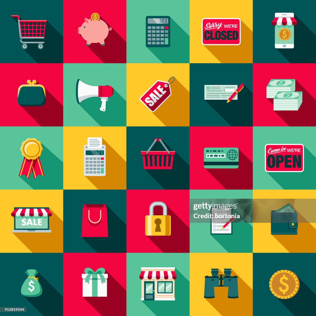 Flat Design E-Commerce Icon Set with Side Shadow