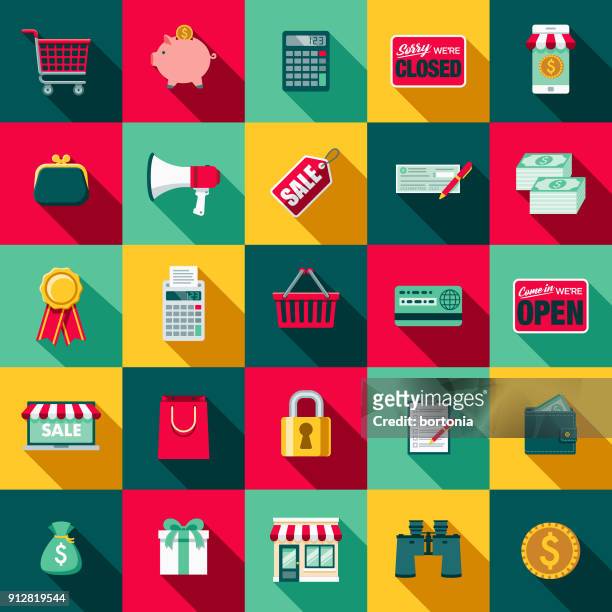 flat design e-commerce icon set with side shadow - shopping stock illustrations