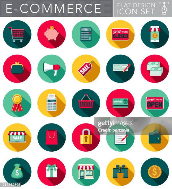 flat design e-commerce icon set with side shadow - long shadow shadow stock illustrations