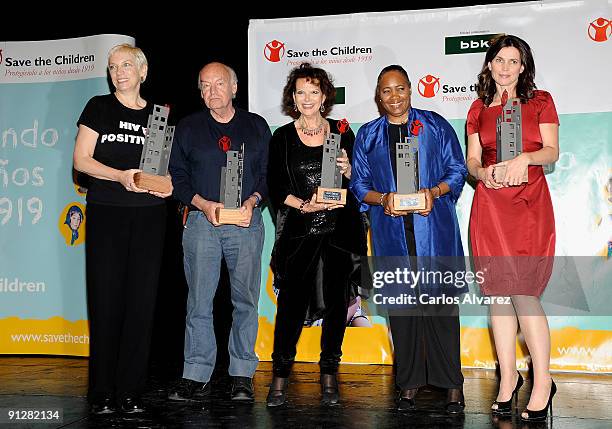 Singer Annie Lennox, writer Eduardo Galeano, actress Claudia Cardinale, singer Barbara Hendricks and actress Julia Ormond attend "Save the Children"...