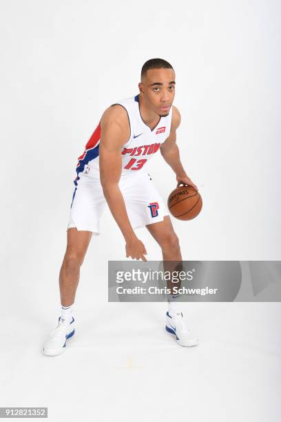 Brice Johnson of the Detroit Pistons poses for portraits after being traded from the LA Clippers on January 31, 2018 at The Palace at Auburn Hills,...