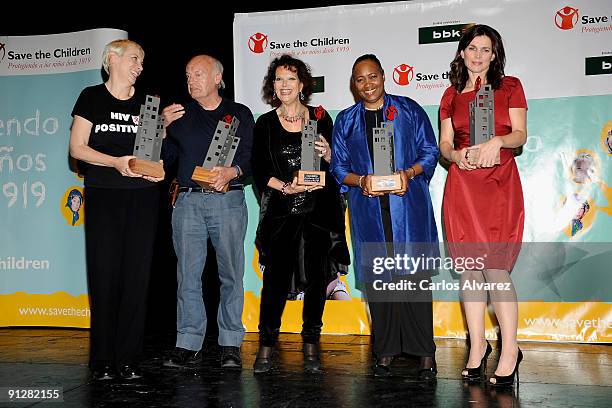 Singer Annie Lennox, writer Eduardo Galeano, actress Claudia Cardinale, singer Barbara Hendricks and actress Julia Ormond attend "Save the Children"...