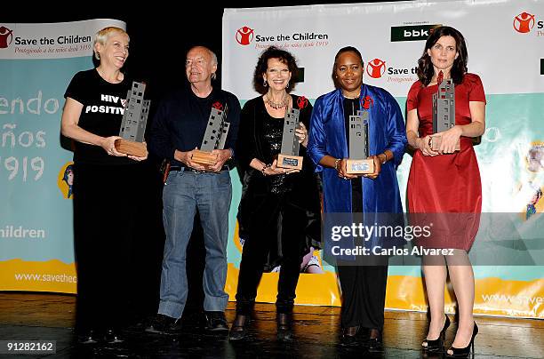 Singer Annie Lennox, writer Eduardo Galeano, actress Claudia Cardinale, singer Barbara Hendricks and actress Julia Ormond attend "Save the Children"...