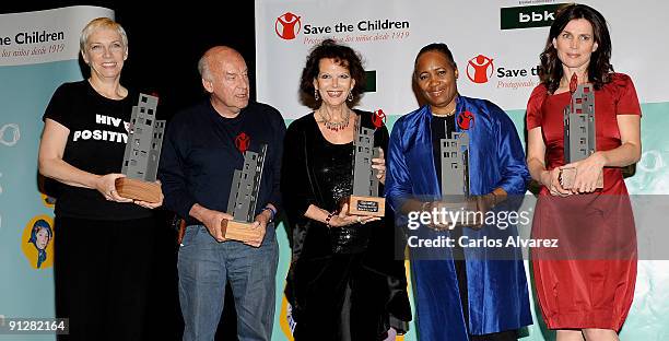 Singer Annie Lennox, writer Eduardo Galeano, actress Claudia Cardinale, singer Barbara Hendricks and actress Julia Ormond attend "Save the Children"...