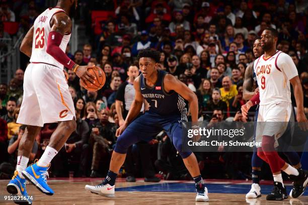 Stanley Johnson of the Detroit Pistons guards LeBron James of the Cleveland Cavaliers on January 30, 2018 at Little Caesars Arena in Detroit,...