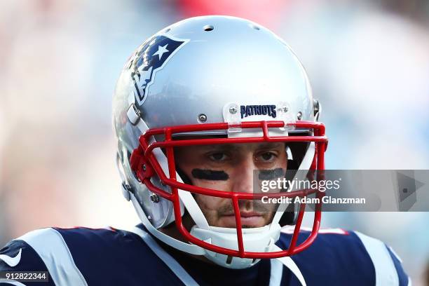 Brian Hoyer of the New England Patriots looks on before the AFC Championship Game against the Jacksonville Jaguars at Gillette Stadium on January 21,...