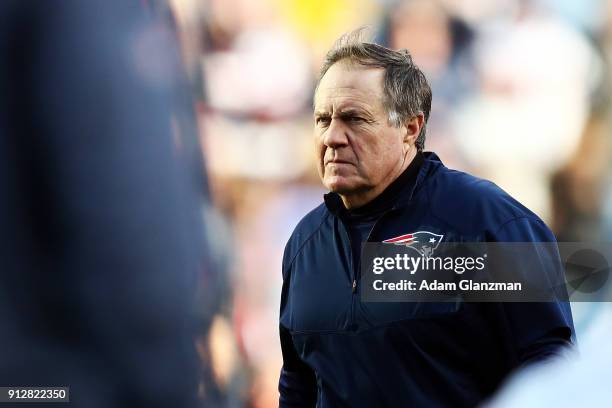 Head coach Bill Belichick of the New England Patriots looks on before the AFC Championship Game against the Jacksonville Jaguars at Gillette Stadium...