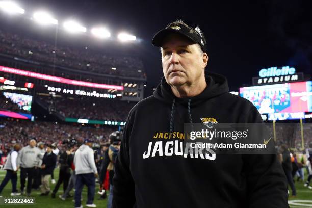 Head coach Doug Marrone of the Jacksonville Jaguars reacts after the AFC Championship Game against the New England Patriots at Gillette Stadium on...