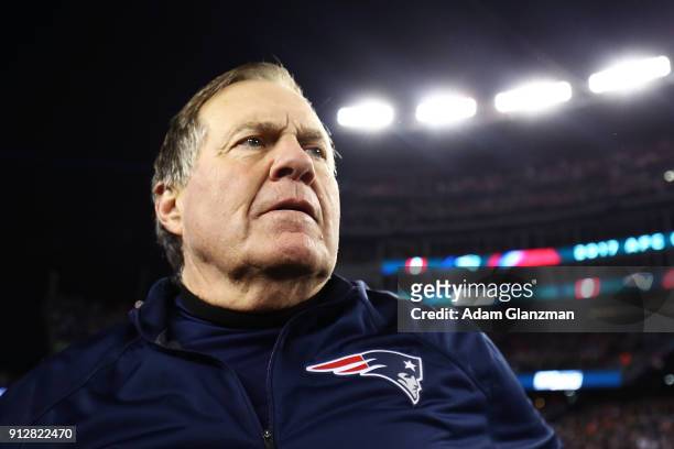 Head coach Bill Belichick of the New England Patriots reacts after winning the AFC Championship Game against the Jacksonville Jaguars at Gillette...