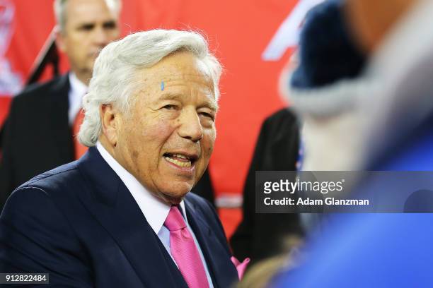 New England Patriots owner Robert Kraft reacts after winning the AFC Championship Game against the Jacksonville Jaguars at Gillette Stadium on...
