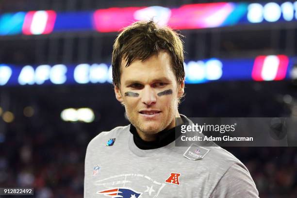 Tom Brady of the New England Patriots reacts after winning the AFC Championship Game against the Jacksonville Jaguars at Gillette Stadium on January...
