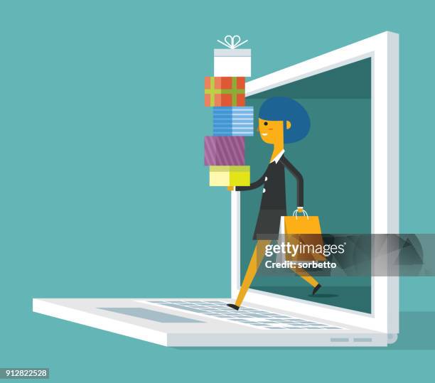 ilustrações de stock, clip art, desenhos animados e ícones de online shopping - businesswoman - gift box - onlineshopping